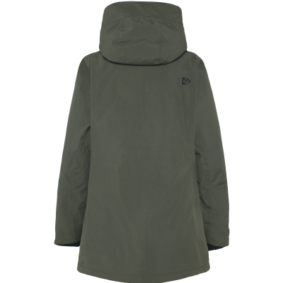 Lang grøn Didriksons Felia damejakke med hætte – flot outdoor parka i mørkegrøn set fra ryggen