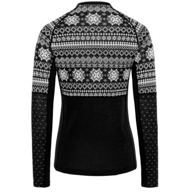 Kari Traa Vilma midlayer med rund hals i sort merinould med lyst snefnugmønster, set bagfra
