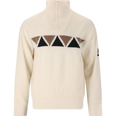 Hvid unisex windbreakerstrik med brunligt mønter på brystet. 