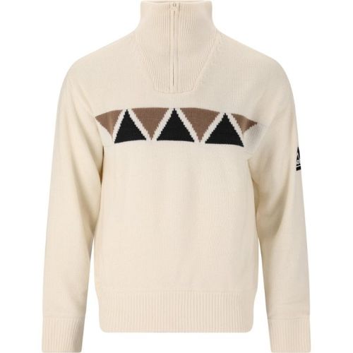 Hvid unisex windbreakerstrik med brunligt mønter på brystet. 
